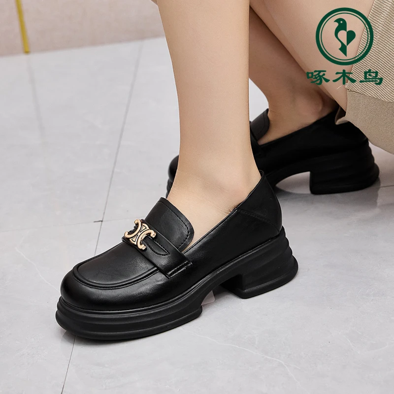 啄木鸟2025新款乐福鞋英伦风小皮鞋子百搭厚底软底单鞋一脚蹬女鞋