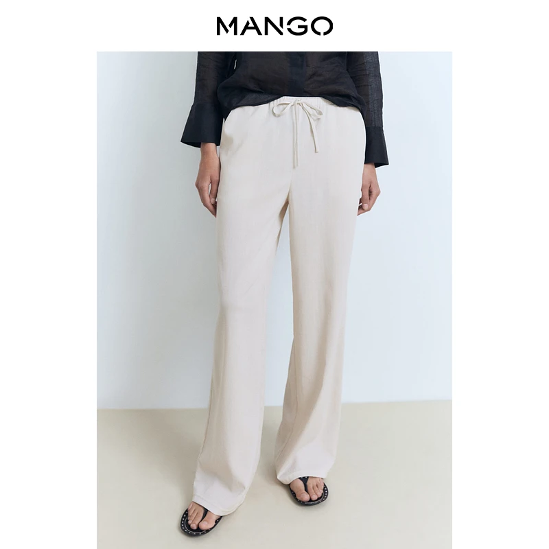 MANGO女装裤子2025秋装新款可调节弹性腰带直筒休闲百搭长裤