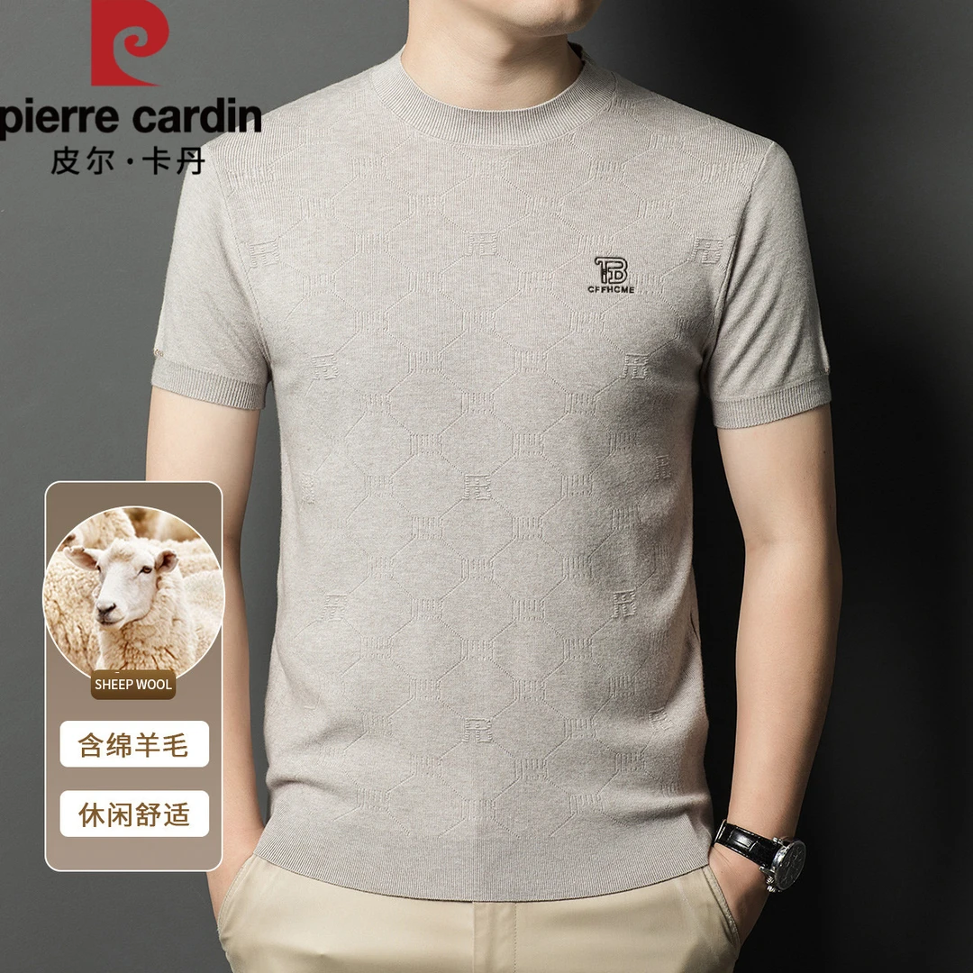 皮尔卡丹男士高档提花半袖针织衫夏季时尚圆领休闲百搭打底毛衣