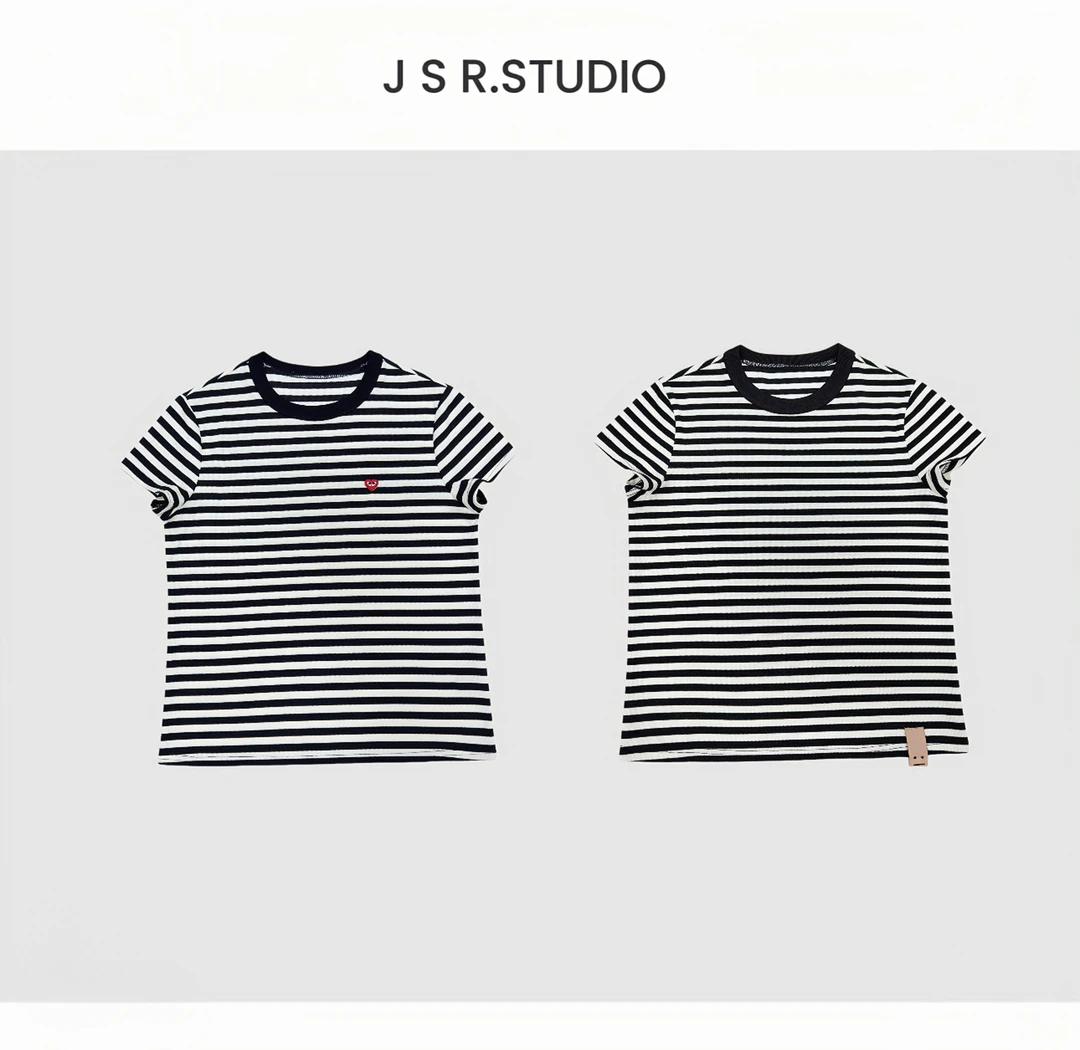 JSR studio【春日旋律】夏季新款百搭时尚黑白圆领休闲条纹T