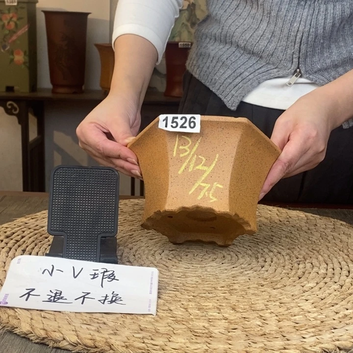 紫砂花盆  微瑕柴烧六方1526