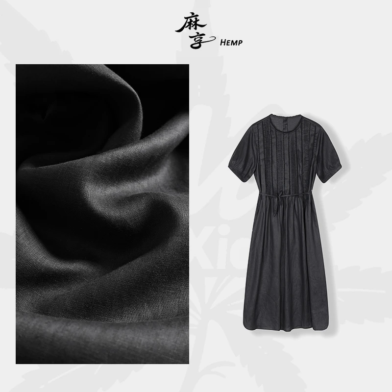 麻享【星夜叠奏·连衣裙】60支纯汉麻风琴褶蕾丝边短袖长裙FSY50677