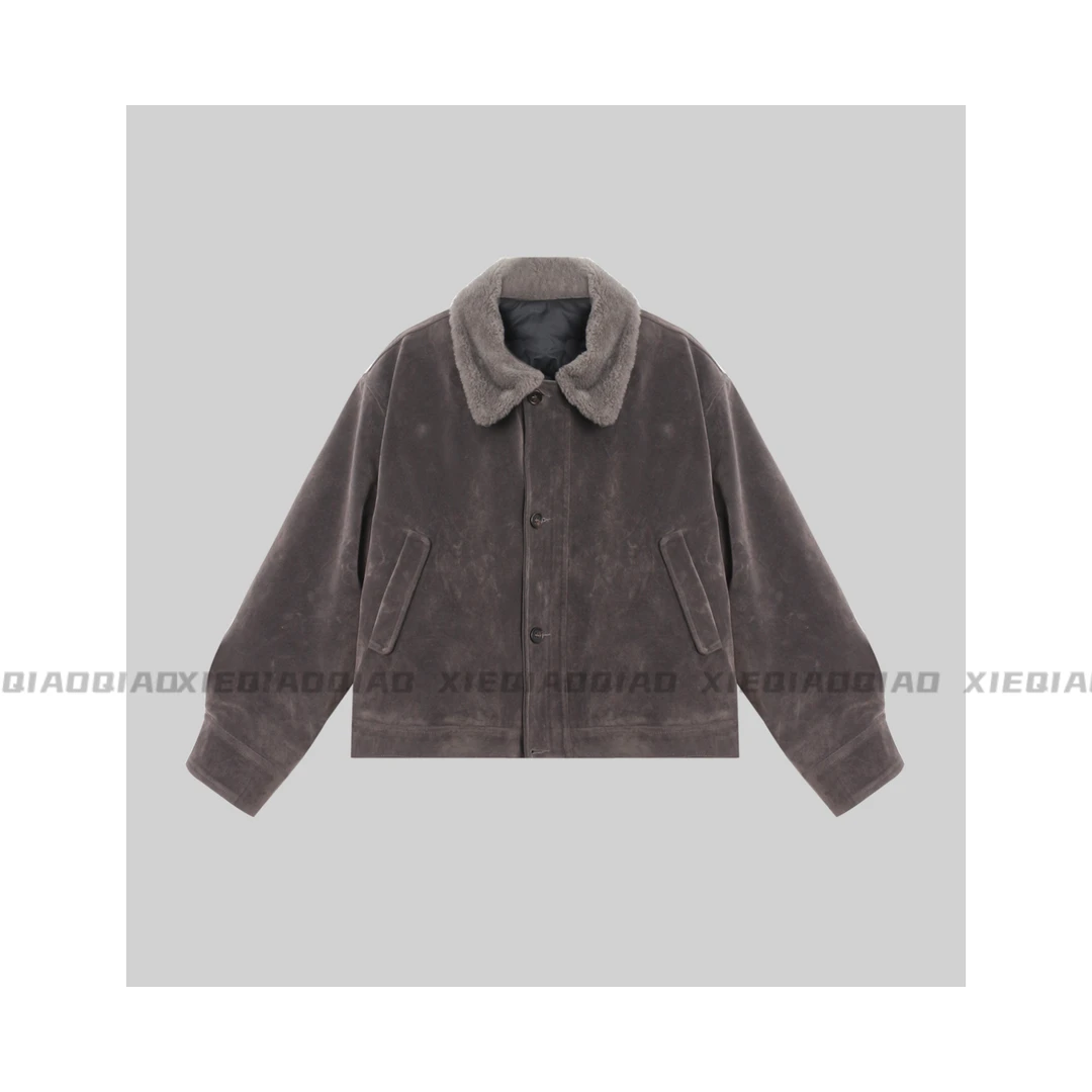 谢荞荞「暗绒礼赞」秋冬季新款翻领设计麂皮绒宽松保暖夹克羽绒外套