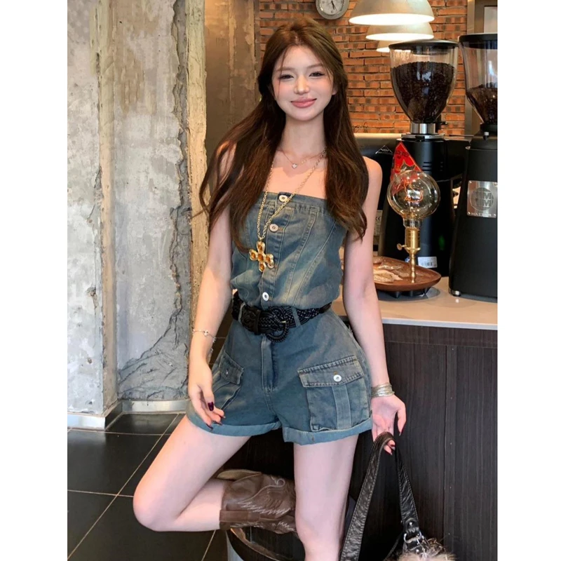 复古蓝色无袖抹胸牛仔连体短裤夏季新款性感辣妹收腰显瘦阔腿裤子
