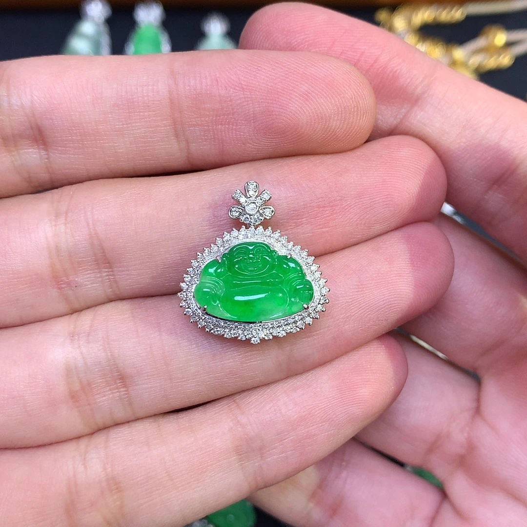 吊坠(不含链)18K金镶嵌翡翠绿佛公