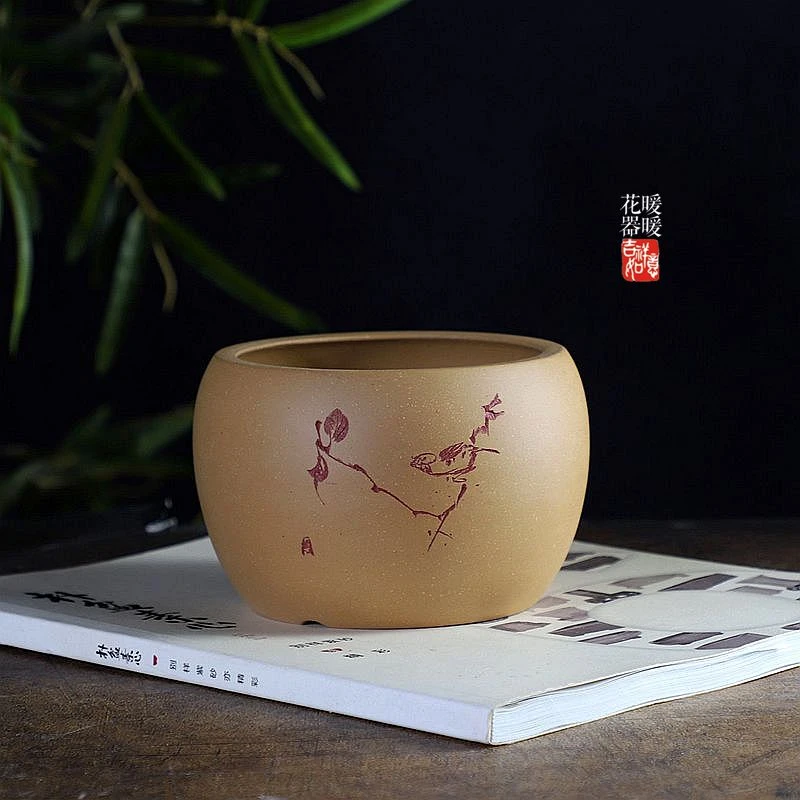 『清雅树枝鸟圆钵盆』原矿段泥精品紫砂花盆盆景室内手工多肉绿植