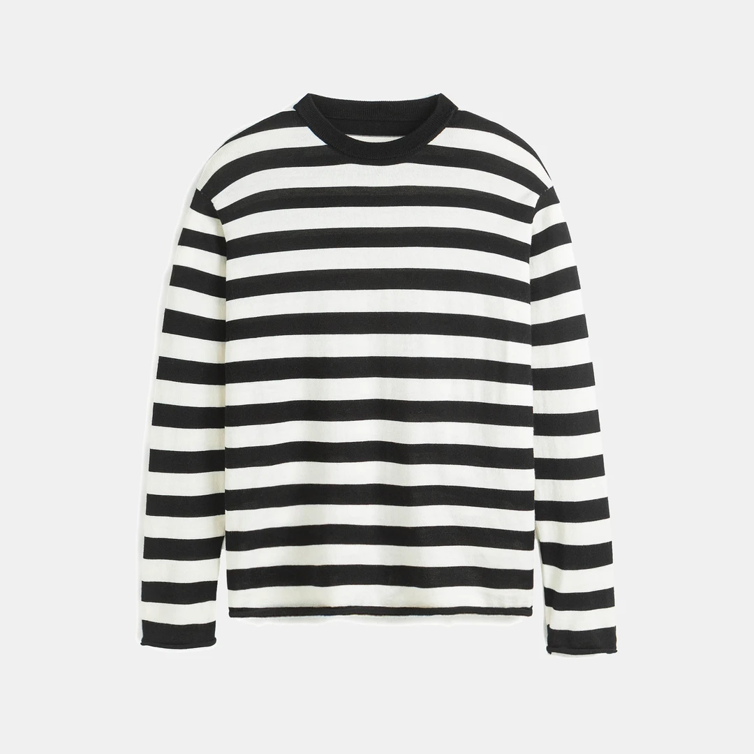 小禾【春风】100超细精纺羊毛条纹宽松设计师圆领针织衫春季443