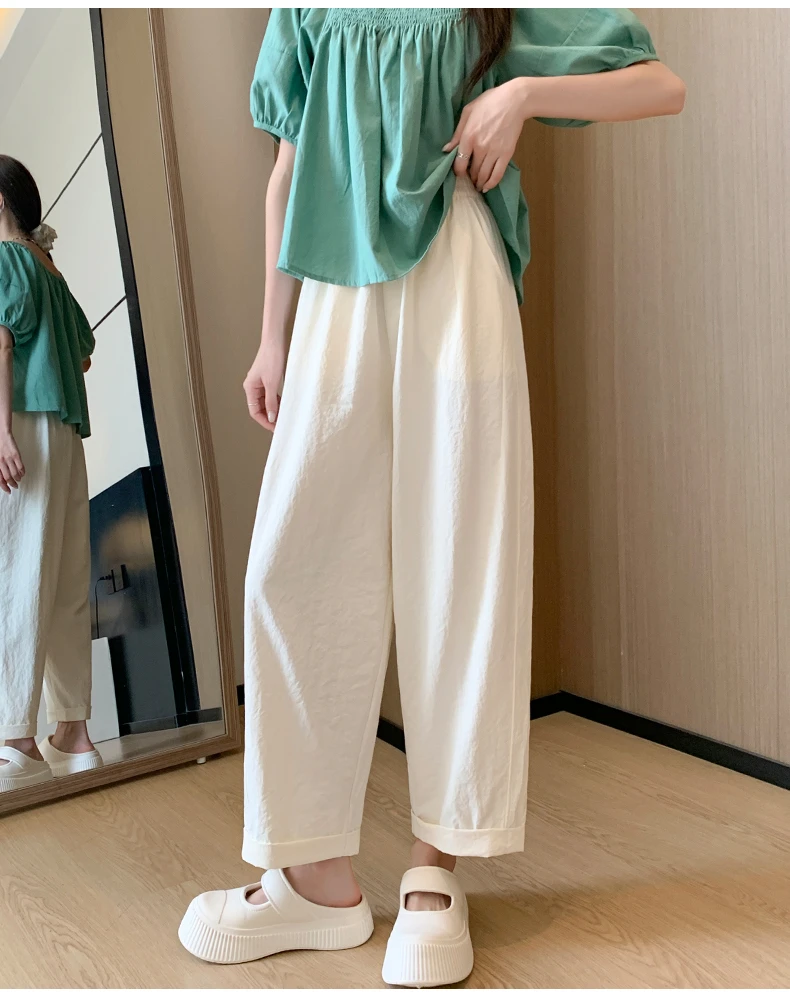 程程甄选  韩系柔丝夏季森系挽边休闲萝卜裤6927