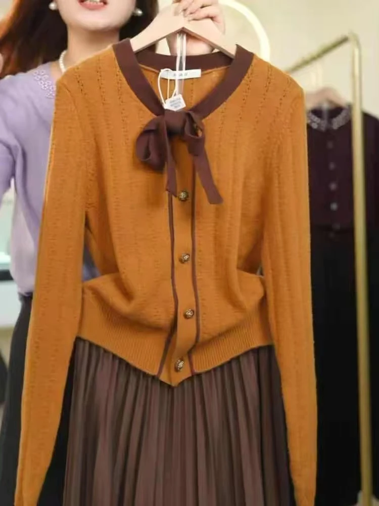 好看针织开衫秋冬法式短款长袖上衣系带蝴蝶结高档新款女装上衣