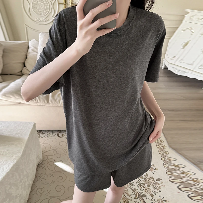 纯色短袖睡衣女夏季上衣短裤薄款简约韩版宽松时尚休闲家居服套装