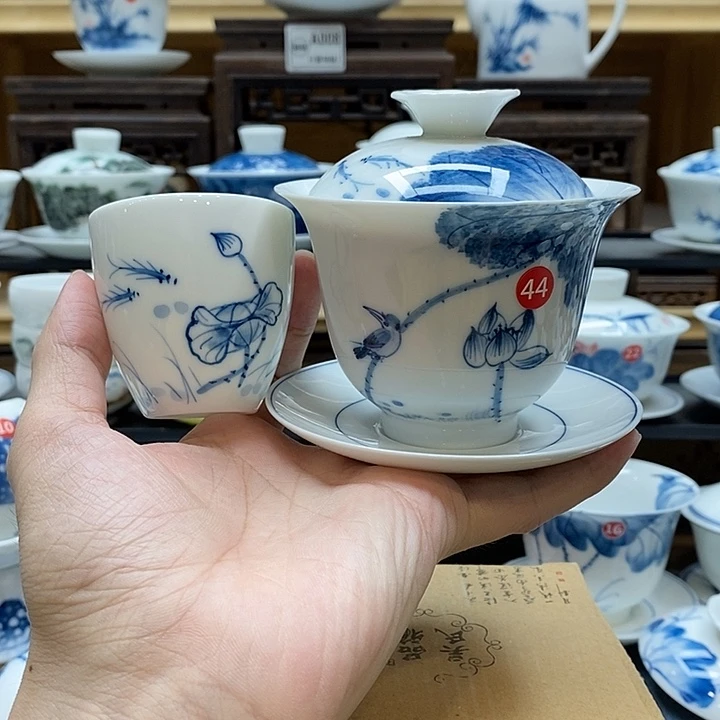 手绘荷花翠鸟盖碗160cc➕75cc主人杯釉下彩微瑕福利款