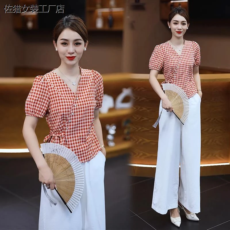 格子短袖衬衫女夏季2025新款设计感斜襟上衣短款收腰减龄洋气小衫