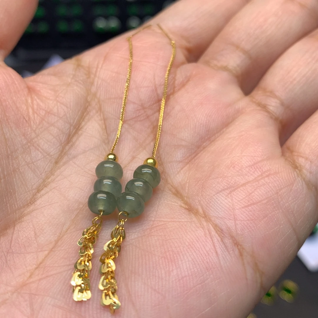 翡翠18K金镶嵌耳饰有纹裂