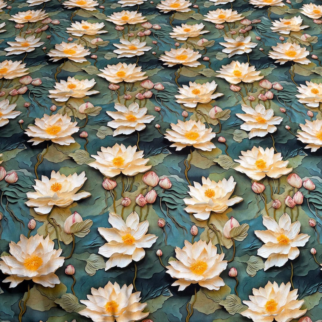 爆款莲花池！5D香云段立体数码印花棉绸人造棉面料