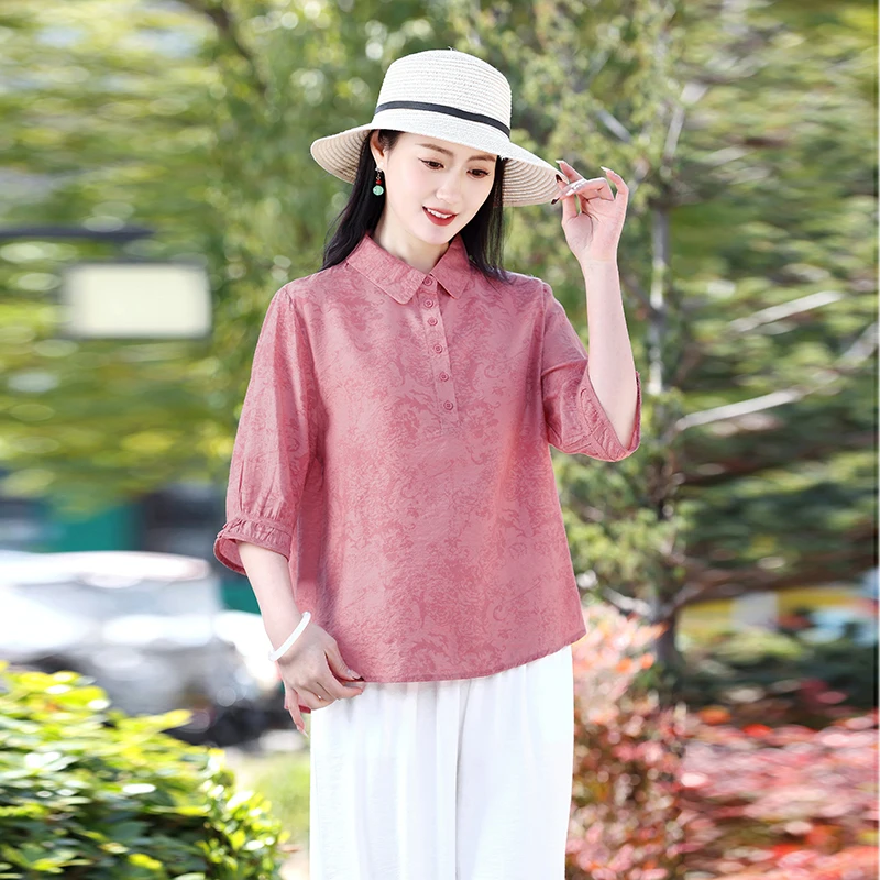 夏季新款中年妈妈装提花时尚休闲宽松洋气显瘦打底百搭气质衬衫