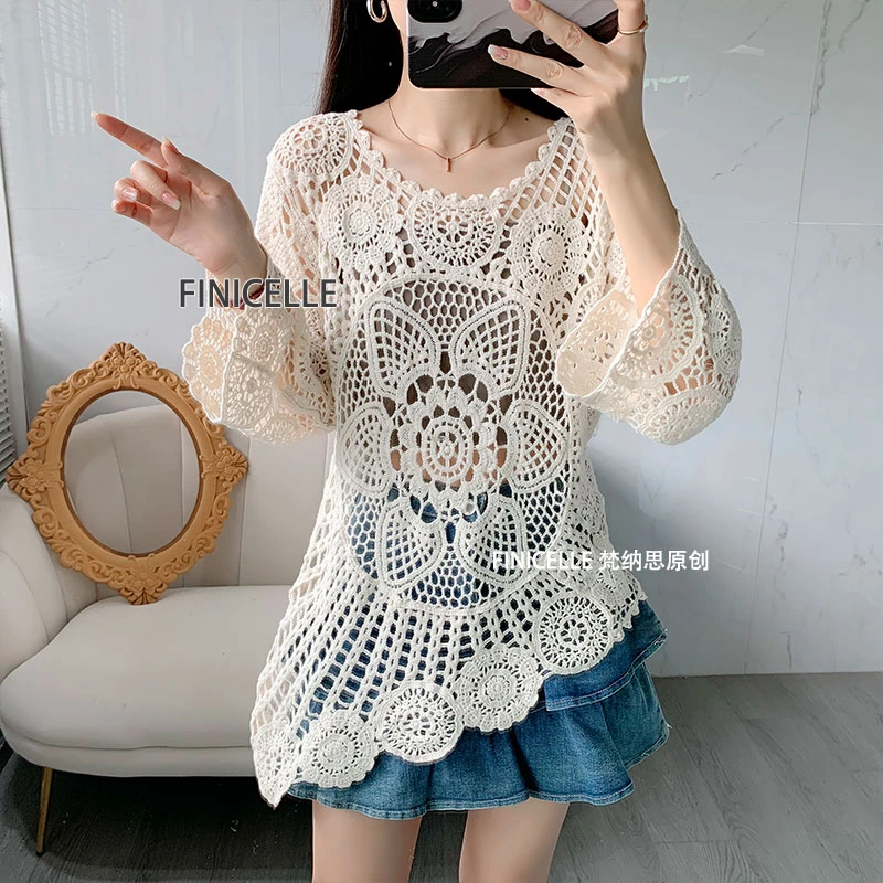 洋气外搭上衣不规则镂空开衫喇叭袖春夏新款钩花针织衫韩版罩衫