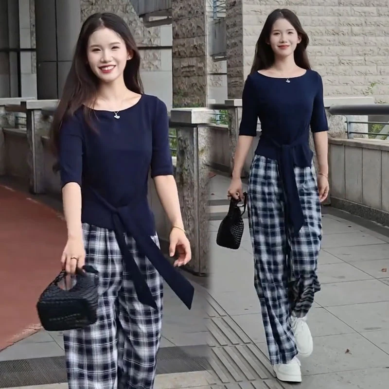 时尚套装女2025早秋新款时髦洋气显瘦中袖T恤格子阔腿裤两件套潮
