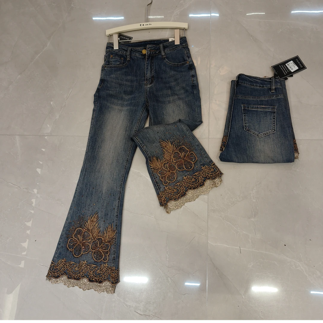 夏季性感风高腰九分裤刺绣牛仔裤ol百搭服装微喇长裤