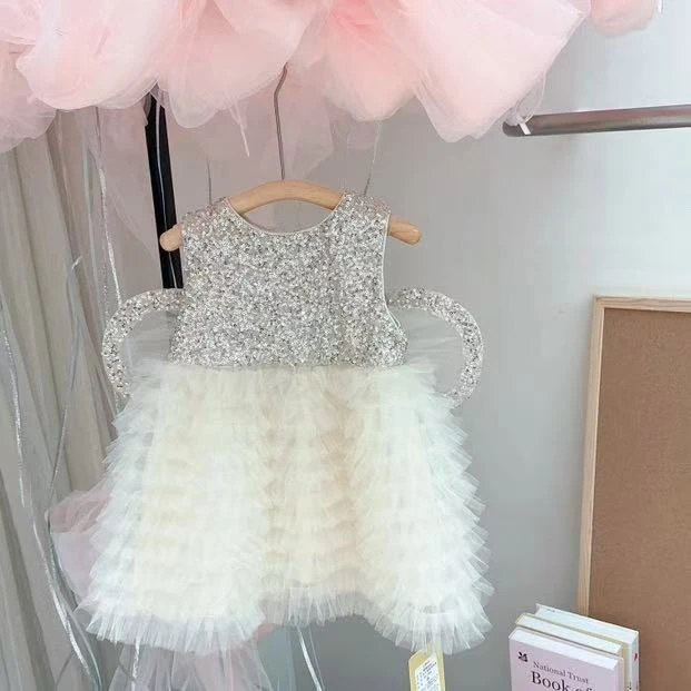 2025夏季新款白色亮片翅膀蛋糕裙儿童女宝韩版甜美洋气宝宝