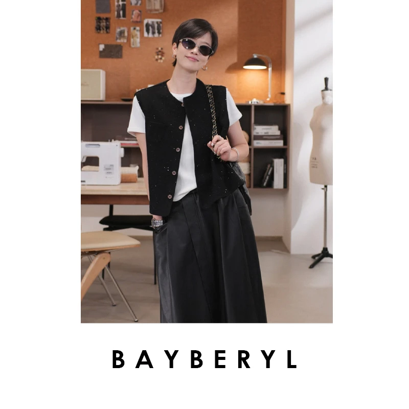 BAYBERYL老贝粼星套*无袖亮片质感黑圆领秋百搭马甲MJ5G0135-7/27