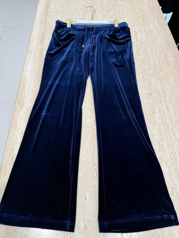 秀巧7497蓝色抽绳裤子显瘦直筒宽松