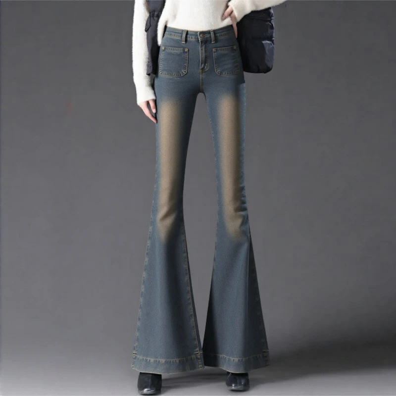 2025早秋冬季小个子修身显瘦喇叭复古蓝辣妹时髦炸街大喇叭牛仔裤