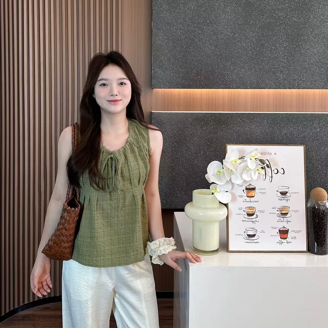 小羽酱小个子定制夏季韩系简约设计感别致肌理感绑带无袖背心衬衫