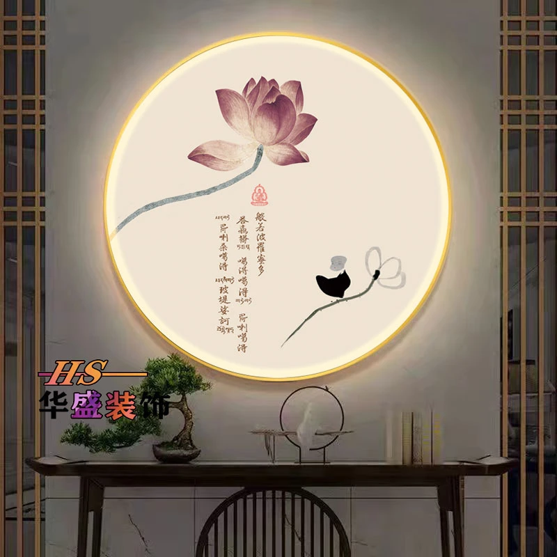 现代简约圆形发光装饰画心经佛像观音菩萨佛堂玄关背景墙带灯挂画