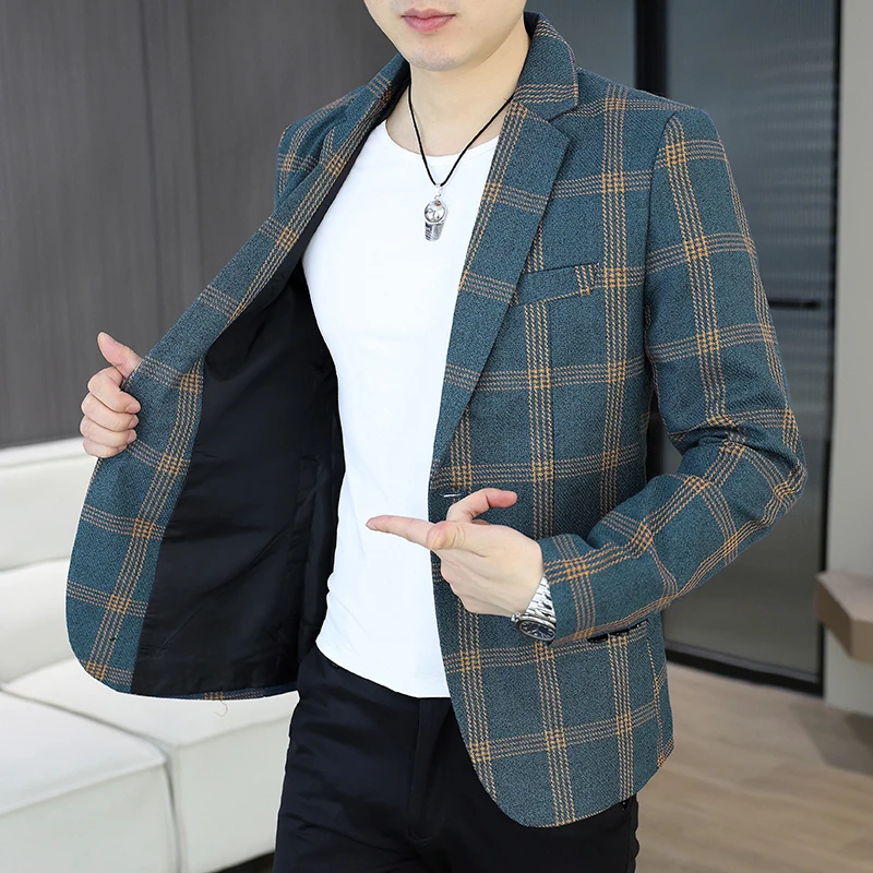 秋季新款格子西服男士青年小西装潮流休闲上衣韩版单西外套907