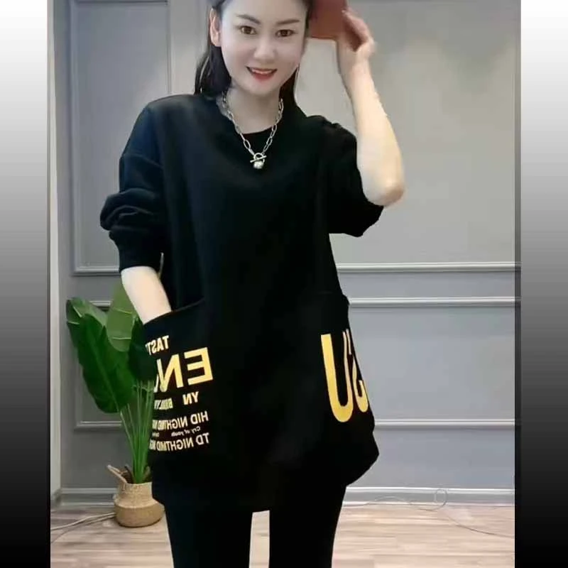 加绒加厚圆领长袖中长款卫衣女口袋遮肉显瘦保暖洋气百搭上衣女