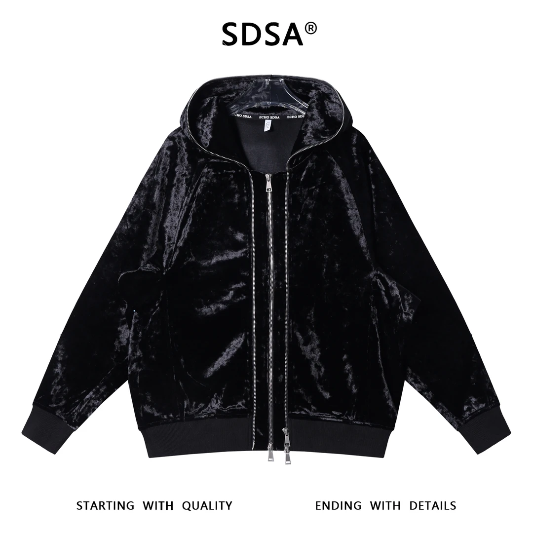 SDSA男士秋冬新款痞帅男装时尚纯色绒面拉链连帽卫衣百搭简约上衣