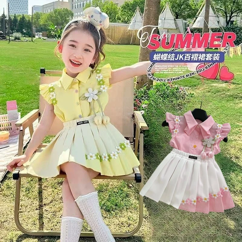 2025夏季爆款套装高级感女童学院风飞袖衬衣渐变百褶裙套装两件套