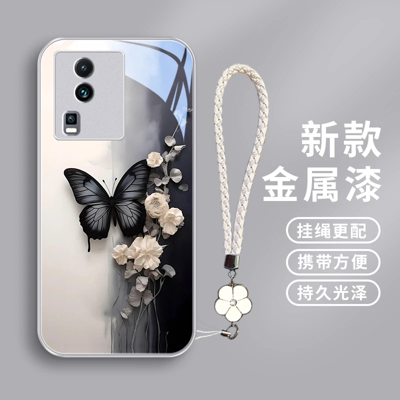 黑色蝴蝶适用iqooneo7手机壳neo7se高级感IQOOneo8/Neo8pro防摔玻