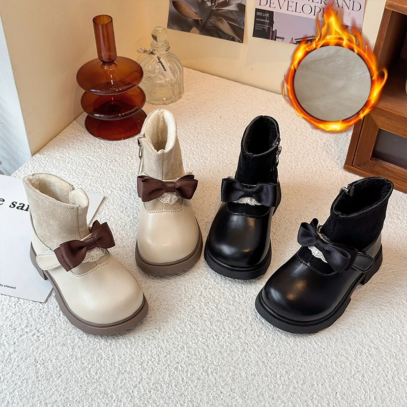 女童靴子2025秋冬季新款小香风皮靴蝴蝶结儿童短靴洋气学生袜子靴