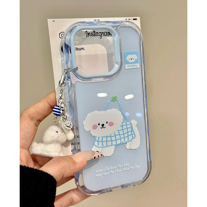 雅天立ins网格袋小狗适用iPhone16promax苹果13手机壳14新款15/12