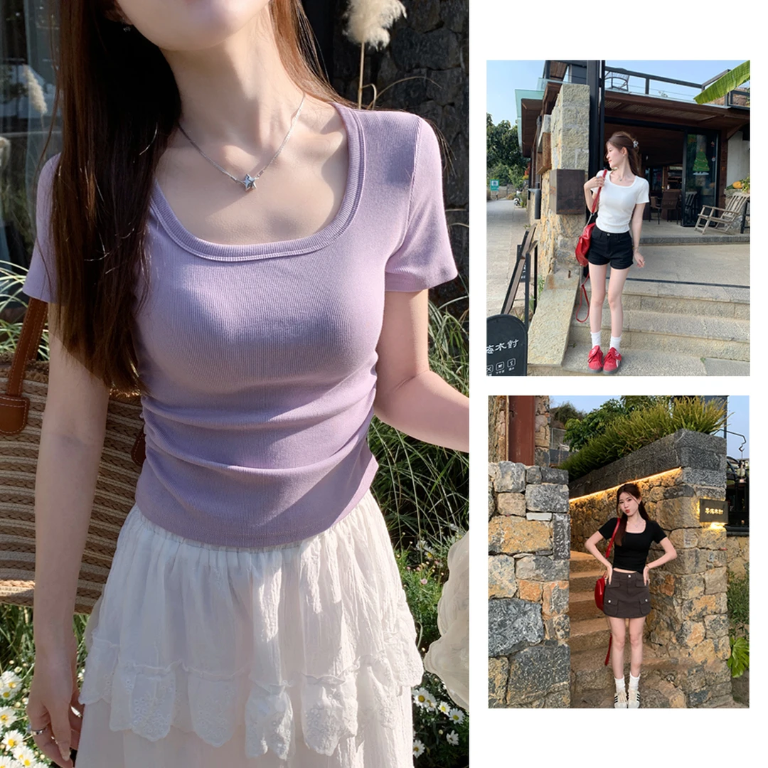紫色方领正肩短袖韩系t恤女夏季新款爆款正肩短款设计感上衣