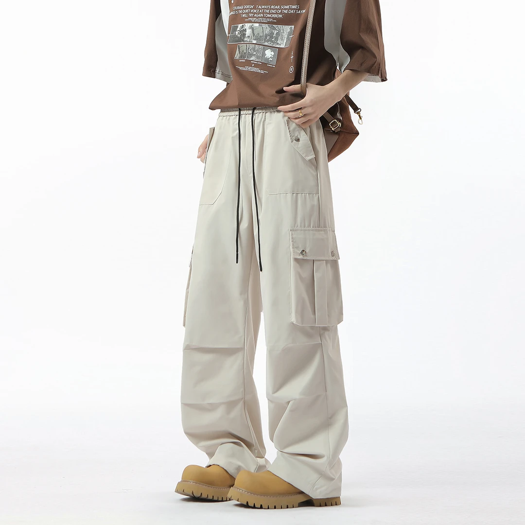 V37美式工装阔腿裤子男士2025春夏新款宽松直筒青少年高街休闲裤