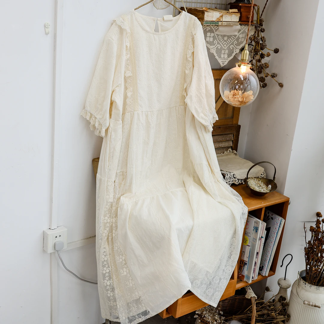 美村2025夏季新款日系法式甜美精致中袖纯棉连衣裙宽松中长款刺