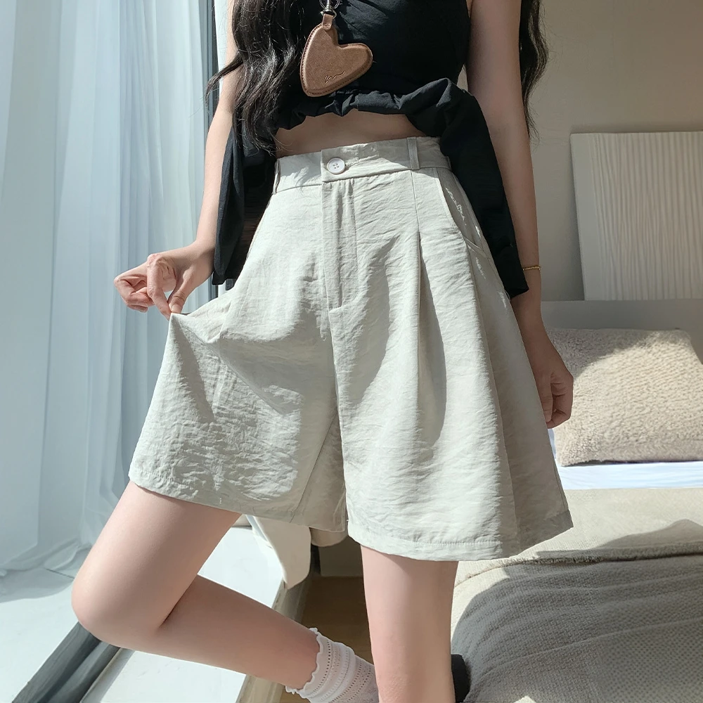 灰色冰丝西装短裤女夏季2025新款高腰外穿奶芙山本中裤薄款阔腿裤