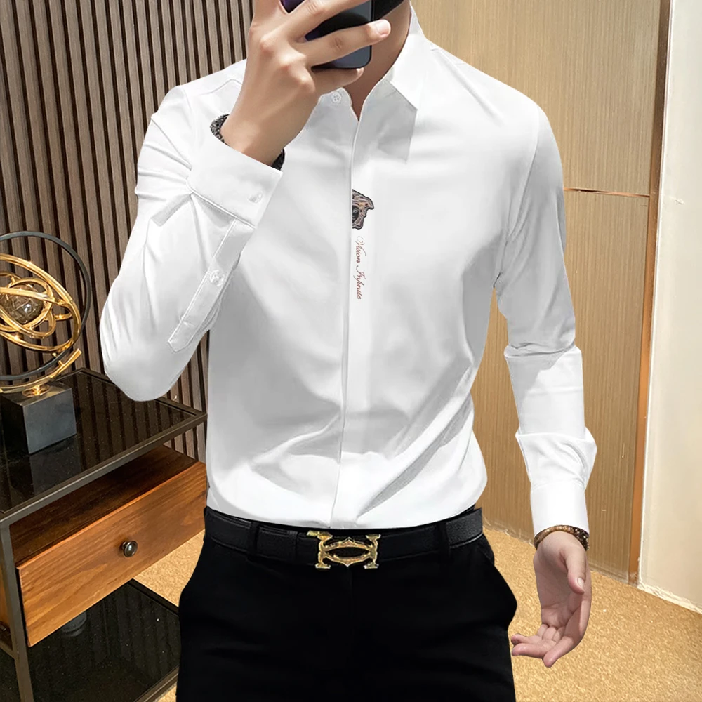 2025秋季高级感弹力修身刺绣男士长袖衬衫冰丝免烫抗皱男装潮衬衣
