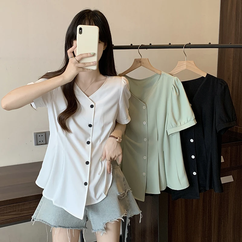 2024夏装新款胖mm大码女显瘦遮肉别致短袖小衫百搭衬衣上衣20030