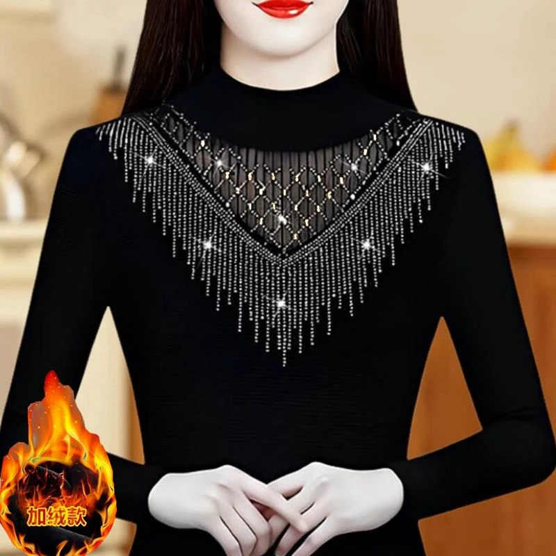 【加绒/薄款】高档烫钻蕾丝网纱打底衫半高领秋冬加厚保暖洋气小衫