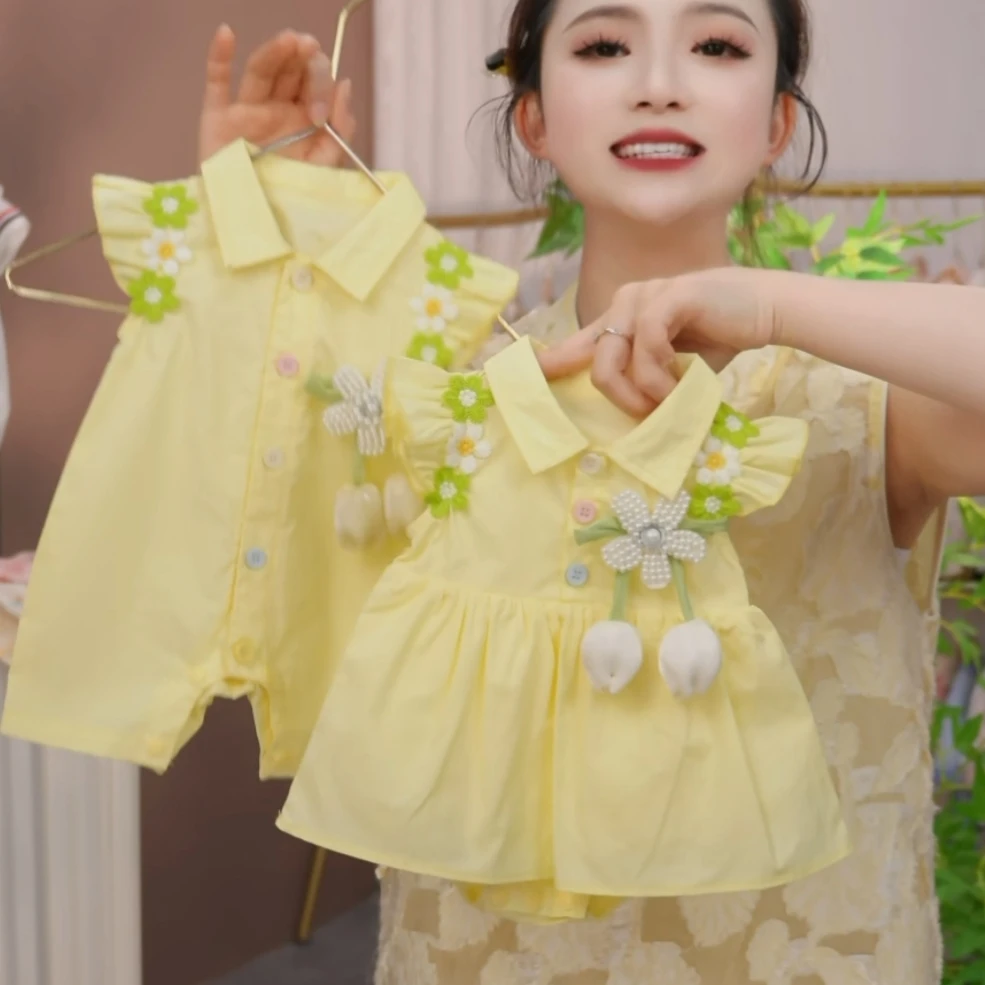 25珍珠花朵郁金香甜美女夏季短袖A类哈衣爬服公主宝宝夏装