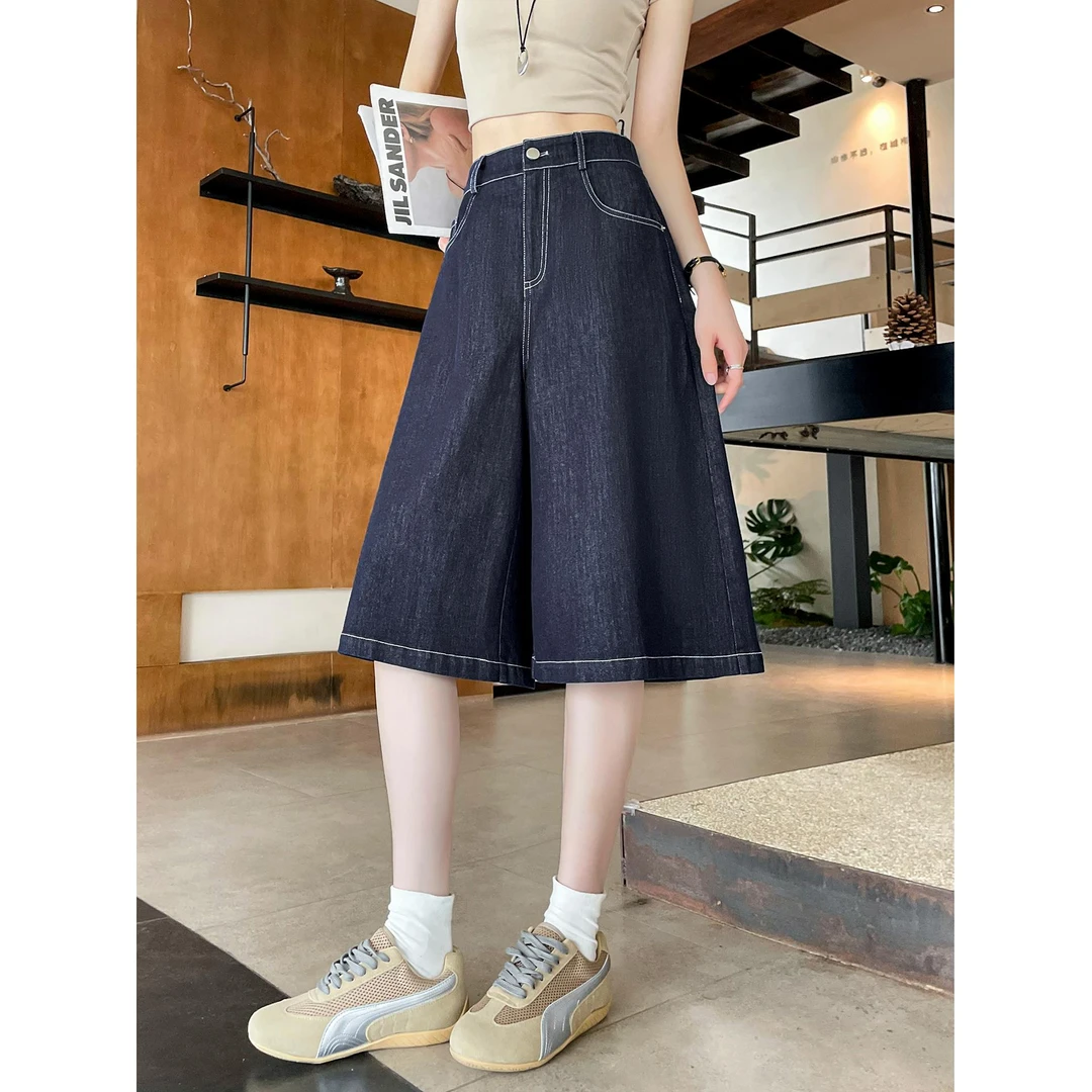 七分阔腿牛仔裤女高腰夏薄季2025新款宽松显瘦直筒小个子六分中裤