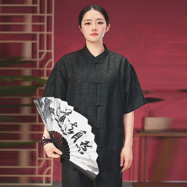 唐装黑龟纹100%桑蚕丝正宗香云纱男休闲复古国风宽松短袖薄款纯色