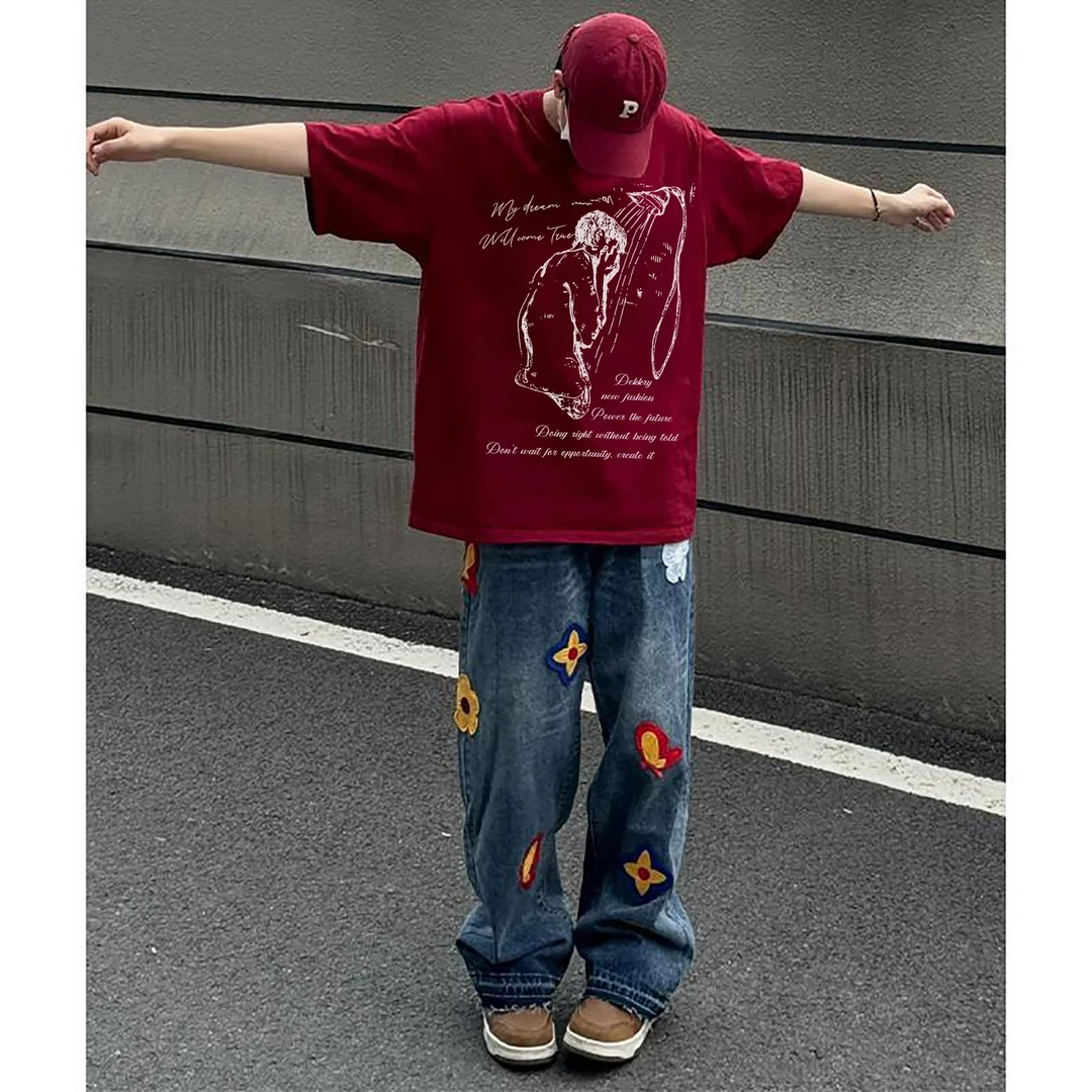 100%纯棉美式简约人物字母印花短袖宽松T恤男女夏情侣休闲上衣