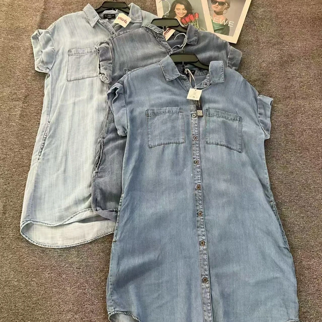 夏季新款翻领短袖修身单排扣牛仔衬衫连衣裙女