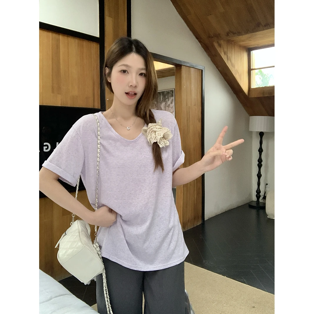 【小曹大码】夏装新款女百搭时尚纯色宽松显瘦v领短袖T恤-ONL33697