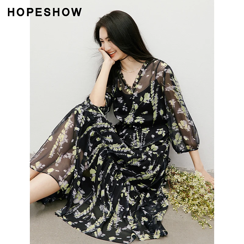 红袖2025夏季女装【花漾漫舞】泡泡袖收腰V领连衣裙90125111606