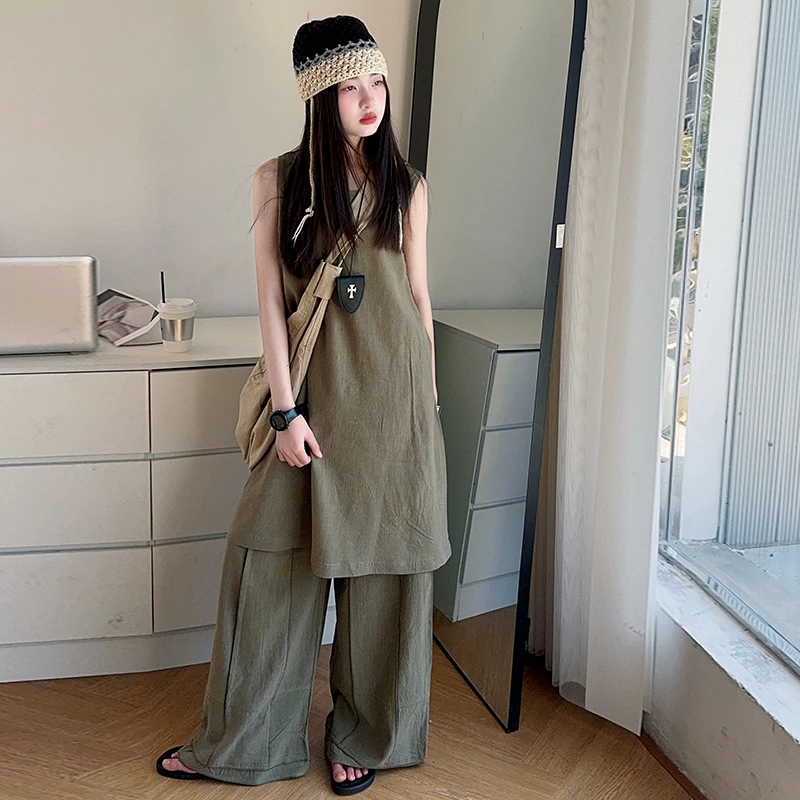 【嘻嘻柚】女童夏季废土风宽松背心连衣裙2025新款拼接阔腿裤两件套